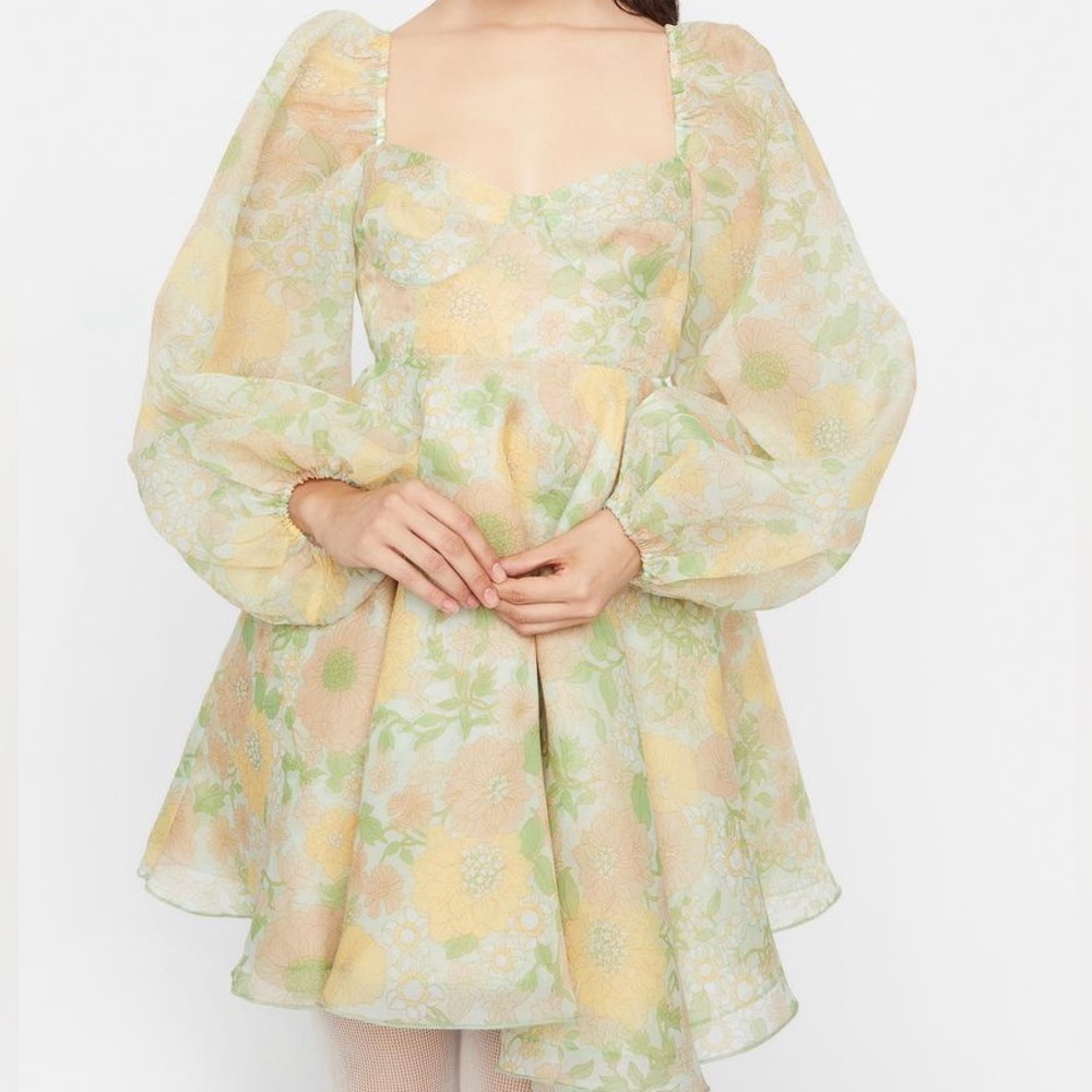 Selkie yellow green floral citrus trip dress S